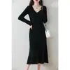 Vestido suéter de cachemira estilo coreano, versátil vestido largo casual de punto de lana para otoño e invierno