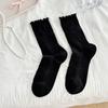 Calcetines Finos de Burbuja Hueca Transpirables Color Crema de Media Pantorrilla para Mujer con Adorno de Encaje, Calcetines de Algodón de Color Sólido