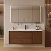 Juego de mueble de baño de madera maciza color nogal estilo vintage con lavabo de cerámica integrado, mueble lavabo para baño