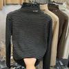 Camiseta de terciopelo de doble cara de cuello alto a rayas versátil cálida para mujer otoño e invierno 2024 Nuevo estilo camiseta de manga larga con orejas de madera