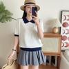 Camiseta Feminina de Tricô com Gola Fina de Seda Gelo Color-Blocked Manga Curta Novo Estilo 2026 Mais Vendida Top de Verão