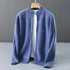 Chaqueta de punto 100% lana pura para hombre, con patrón de espiga de trigo, estilo business-casual, cuello alto, cremallera y corte holgado y versátil
