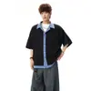 Camisa masculina xadrez patchwork de manga curta estilo americano, marca trendy primavera-verão 2026, solta retrô versátil camisa falsa de duas peças para casal