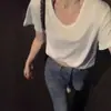 2026 Verano Blanco Versátil Camiseta de Cuello en V Moda Casual Holgada de Manga Corta Comercio Exterior Transfronterizo Europeo y Americano Al por Mayor en Stock