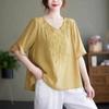 Blusa Bordada Estilo Étnico Verão 2024 Novo Estilo Seda e Linho Bordada Estilo Étnico Feminina Solta Casual