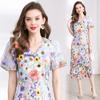 Vestido Elegante de Verano Resistente con Bordado de Aplicación Tridimensional Mangas Abullonadas Longitud Media Cuello en V Abertura Vestido de Comercio Exterior