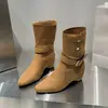 Botas de Mujer para Aumentar la Altura, de Media Pantorrilla con Hebilla, Tendencia 2026, Nuevas Botas Fruncidas de Punta Fina para Otoño/Invierno, Botines Vaqueros Occidentales