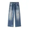 Mu Qiu Roupa Masculina Tendência Americana High Street Jeans Lavado Rasgado Masculino Solto Perna Reta Algodão Puro Perna Larga Calças Longas