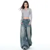 Jeans largos rasgados estilo americano para mulheres, coleção outono 2026, corte solto, design único, jeans lavado, para mulheres altas, plus size