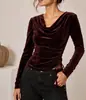 Nuevo Top de Terciopelo de Manga Larga Ajustado de Color Sólido con Cuello Cruzado y Cordón, Versátil, de Moda, Estilo Europeo y Americano, para Mujer