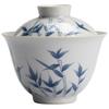 Cuenco de bambú azul antiguo pintado a mano con dos tapas, cuenco de té de cerámica no caliente, juego de té literario, juego de té de kung fu, cuenco de té individual