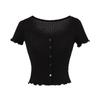 Camiseta Retrô Americana de Corte Justo com Botões de um Lado para Mulheres, Estilo Curto, Barriga de Fora, Gola V, Corte Slim, Costela Vertical, Cardigã Casual Versátil, Manga Curta