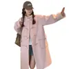 Abrigo de lana de longitud media con capucha y bolsillo de botón de cuerno rosa transfronterizo para mujer, abrigo petite estilo universitario de otoño e invierno, moderno