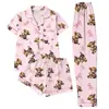 Conjunto de Pijama Casual de Tres Piezas para Mujer Transfronterizo, Dibujos Animados Lindos de Manga Corta, Pantalones Largos y Shorts, Conjunto de Doble Uso para el Hogar y el Exterior