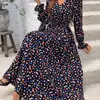 Vestido Versátil Feminino Amazon Moda Outono Decote V Mais Vendido no AliExpress com Barra Larga e Mangas Longas Estampadas