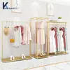 Estante de Exhibición para Tienda de Ropa, Estante de Exhibición de Pie para Colgar de Lado en Tienda de Ropa para Mujer, Estante de Arte de Hierro, Estante de Ropa de Doble Capa Color Dorado
