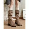 Botas Arredondadas Vintage, Botas de Cowboy Ocidentais, Botas de Meia-Canela Estilo Novo Verão 2025, Botas Femininas, Botas Longas Cáqui para Baixinhas