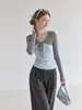Forever Estilo Coreano Bloques de Color Lunares Encaje Atado Chal Falso Dos Piezas Camiseta de Manga Larga para Mujer Otoño Adelgazante Favorecedor Top Pequeño