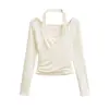Top Dulce y Elegante de Cuello en U Cruzado Halter Hombros Descubiertos para Niñas, Camiseta de Manga Larga Estilo Falso Dos Piezas Fruncida, Camiseta Base Ajustada