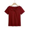 Camiseta de algodón corta de manga corta ajustada estilo coreano con lazo en el pecho hueco para mujer, top de moda con media manga en el hombro 146