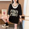 Camiseta Holgada de Manga Corta para Mujer, Estilo Coreano 2026, Nuevo Estilo Ins, Talla Grande, Hombros Descubiertos, Falso Dos Piezas, Letra