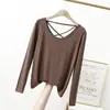 Camiseta de Manga Larga con Cuello Redondo de Modal para Mujer, Nueva de Primavera y Otoño, Talla Grande, Color Sólido, Espalda Descubierta, Sexy, Camiseta Base Top