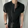 Camiseta de punto para hombre de manga corta ajustada, jersey de estilo coreano con media cremallera, tejido de punto ajustado, estilo casual y sofisticado para ir al trabajo