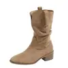 Versión de cuero de las botas Maillard para mujer, botas de tacón grueso acanaladas con corte en V para estilizar, botas cortas de vaquero occidentales para mujer