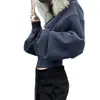 Moletom com Capuz Forrado em Fleece e Gola de Pelo Real Removível para Mulheres Outono e Inverno Nova Jaqueta Moletom Curta Estilo Retro Americano Top