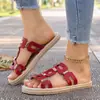 Sandalias metálicas geométricas de hebilla transfronteriza, sandalias planas de mujer con patrón tejido y suela gruesa, chanclas casuales de verano para exteriores de talla grande