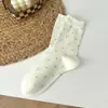 Calcetines de Punto para Mujer Estilo Primavera y Otoño con Borde Fruncido de Lunares, Calcetines de Algodón, Transpirables y Absorbentes del Sudor, Calcetines de Invierno de Media Pantorrilla, Calcetines para Mujer Estilo Coreano