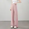 Calça de Seda Gelada Rosa de Perna Larga para Mulheres, Estilo Fino de Verão, 2026 Nova Versátil Slim Reta Emagrecedora Casual Fluida Comprimento Total