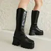 Botas Altas de Tacón Cuadrado con Cremallera Trasera para Mujer 34-43 Otoño/Invierno Transfronterizas Punta Redonda Charol Botas de Jinete Impermeables Plataforma Suela Gruesa Antideslizante