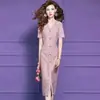 Vestido Midi Original Feimengyi de Renda com Lantejoulas Rosa para Mulheres, Manga Curta, Verão Elegante Socialite Slim Fit Decote V
