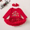 Venta directa de fábrica vestido navideño para niña pequeña enterizo de malla con lentejuelas de manga larga para bebé con diadema y calentadores de piernas conjunto