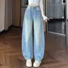 Jeans anchos de pierna curva para mujer, nuevo modelo primavera/otoño 2026, azul claro, con caída, de tiro alto, que cubren la cadera, de corte holgado, pantalones banana adelgazantes