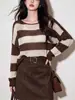 Abrigo exterior fino y elegante a rayas color café, suéter de punto holgado, nueva colección de otoño para mujer, top de alta gama