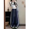 Diseño de rayas con bloques de color otoñales, pantalones anchos versátiles y casuales para mujer, nuevos pantalones de pierna curva de cintura alta, corte holgado, adelgazantes y de secado rápido