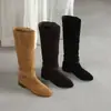 Botas Western Retro, Estilo Nuevo para Todas las Estaciones, Botas Altas de Piel de Vaca sin Cordones, Tacón Bajo, Color Caqui, Botas de Montar Plegadas Transfronterizas para Mujer