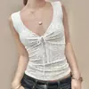 Top de tirantes Sexy Hottie Estilo Europeo y Americano Lunares Bloque de Color Fruncido de Atar Cuello Redondo Básico Versátil Ajustado