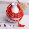 108 Pulseras Finas de Cinabrio Rojo, Pulseras de Cinabrio de Múltiples Círculos, Pulseras Versátiles Elegantes y Amigables con la Piel, Perlas Redondas de 8 mm