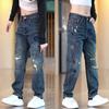 Calça jeans bordada rasgada retrô estilo americano, moderna, com patch antigo, nova, solta, rasgada, bonita, reta, alta, estilo harém