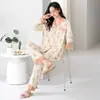Pijama de mujer para primavera y otoño, de manga larga y pantalón largo, cárdigan de algodón con cuello de solapa, ropa de casa linda de niña con dibujos animados, se puede usar para salir