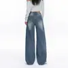 Jeans Anchos de Pierna para Mujer Naranja #Bordado Personalidad Bolsillo Trasero Diseño Adelgazante Suelto Sentido del Diseño de Moda Versátiles Pantalones Largos hasta el Suelo