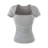 26237-2026 Estilo Novo Primavera/Verão Top Casual Gola Quadrada Desejo Puro para Mulheres, Camiseta Sexy Emagrecedora de Corte Justo