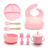 Atacado transfronteiriço louça infantil tigela complementar prato de silicone garfo colher de bebê babador conjunto de 8 peças de produtos anti-queda para maternidade e infância