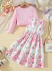 Amazon Transfronterizo Nuevo Estilo Cárdigan para Niña Pequeña Primavera y Otoño Vestido Chaleco Estampado Floral Dulce Casual Conjunto
