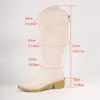 Botas femininas longas para outono e inverno, sapatos de salto alto retrô pretos e brancos, botas longas de salto grosso bico fino, botas western cowboy de cano alto