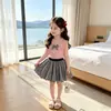 Conjunto de Dos Piezas sin Mangas para Niñas Verano Estilo Coreano Chaleco con Volantes y Lazo y Falda Corta Abullonada Elegante Conjunto de Dos Piezas