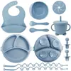 Alimento Complementario Infantil Transfronterizo Vajilla de Silicona Cordón Plato para Cenar Babero Bebé Tazón Complementario Ventosa Tenedor Cuchara Bebé Aprende a Comer